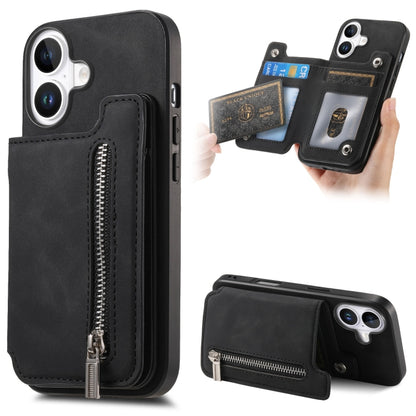 For iPhone 16 Plus Retro MagSafe Zipper Wallet Card Bag Back Phone Case(Black) - iPhone 16 Plus Cases by buy2fix | Online Shopping UK | buy2fix