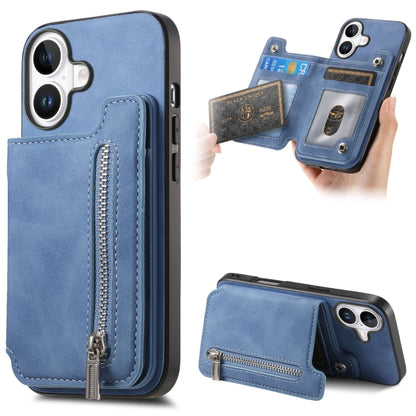 For iPhone 16 Retro MagSafe Zipper Wallet Card Bag Back Phone Case(Blue) - iPhone 16 Cases by buy2fix | Online Shopping UK | buy2fix