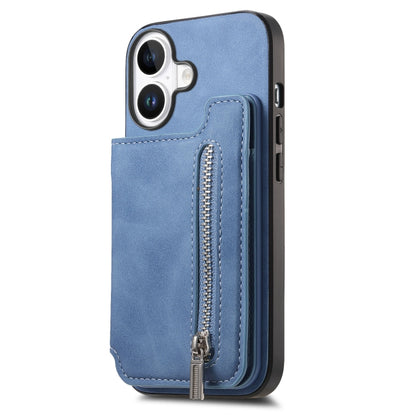 For iPhone 16 Retro MagSafe Zipper Wallet Card Bag Back Phone Case(Blue) - iPhone 16 Cases by buy2fix | Online Shopping UK | buy2fix
