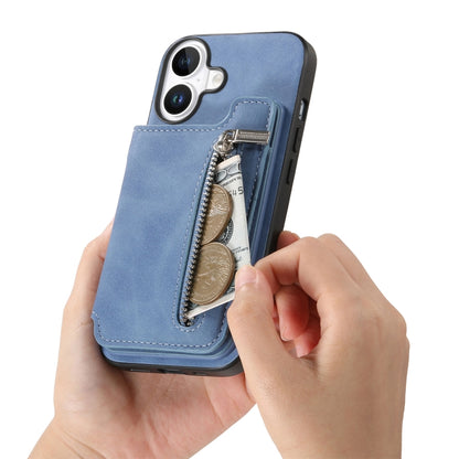 For iPhone 16 Retro MagSafe Zipper Wallet Card Bag Back Phone Case(Blue) - iPhone 16 Cases by buy2fix | Online Shopping UK | buy2fix