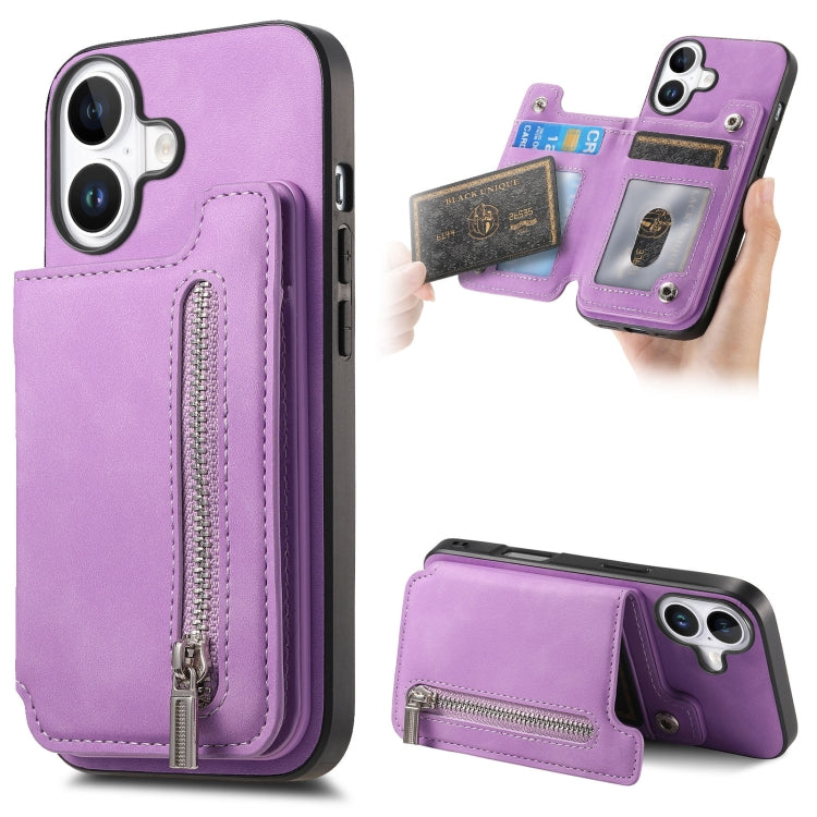 For iPhone 16 Retro MagSafe Zipper Wallet Card Bag Back Phone Case(Purple) - iPhone 16 Cases by buy2fix | Online Shopping UK | buy2fix