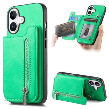 For iPhone 16 Retro MagSafe Zipper Wallet Card Bag Back Phone Case(Green) - iPhone 16 Cases by buy2fix | Online Shopping UK | buy2fix