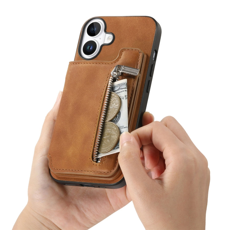 For iPhone 16 Retro MagSafe Zipper Wallet Card Bag Back Phone Case(Brown) - iPhone 16 Cases by buy2fix | Online Shopping UK | buy2fix