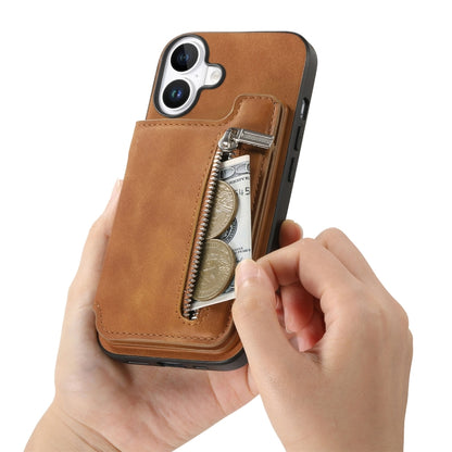 For iPhone 16 Retro MagSafe Zipper Wallet Card Bag Back Phone Case(Brown) - iPhone 16 Cases by buy2fix | Online Shopping UK | buy2fix