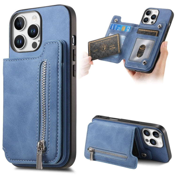 For iPhone 15 Pro max Retro MagSafe Zipper Wallet Card Bag Back Phone Case(Blue) - iPhone 15 Pro Max Cases by buy2fix | Online Shopping UK | buy2fix