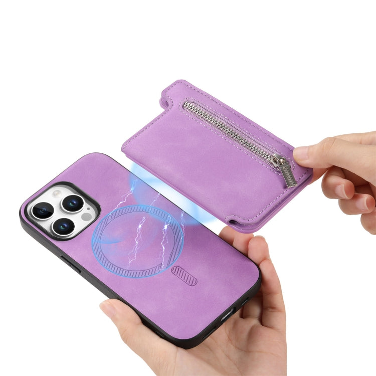 For iPhone 15 Pro max Retro MagSafe Zipper Wallet Card Bag Back Phone Case(Purple) - iPhone 15 Pro Max Cases by buy2fix | Online Shopping UK | buy2fix