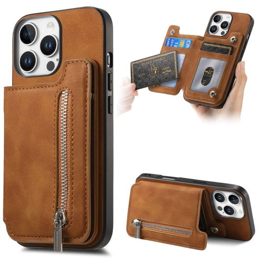 For iPhone 15 Pro max Retro MagSafe Zipper Wallet Card Bag Back Phone Case(Brown) - iPhone 15 Pro Max Cases by buy2fix | Online Shopping UK | buy2fix