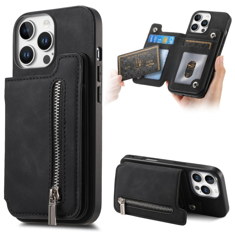 For iPhone 15 Pro max Retro MagSafe Zipper Wallet Card Bag Back Phone Case(Black) - iPhone 15 Pro Max Cases by buy2fix | Online Shopping UK | buy2fix