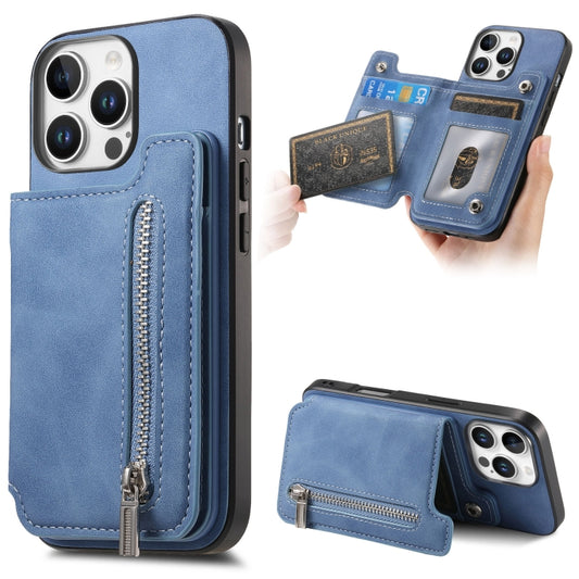 For iPhone 15 Pro Retro MagSafe Zipper Wallet Card Bag Back Phone Case(Blue) - iPhone 15 Pro Cases by buy2fix | Online Shopping UK | buy2fix