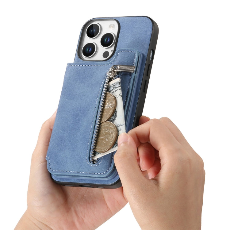 For iPhone 15 Pro Retro MagSafe Zipper Wallet Card Bag Back Phone Case(Blue) - iPhone 15 Pro Cases by buy2fix | Online Shopping UK | buy2fix