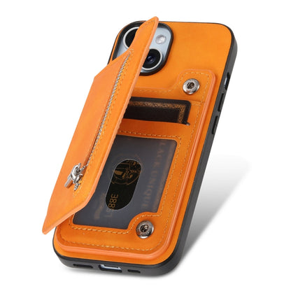 For iPhone 15 Plus Retro MagSafe Zipper Wallet Card Bag Back Phone Case(Yellow) - iPhone 15 Plus Cases by buy2fix | Online Shopping UK | buy2fix