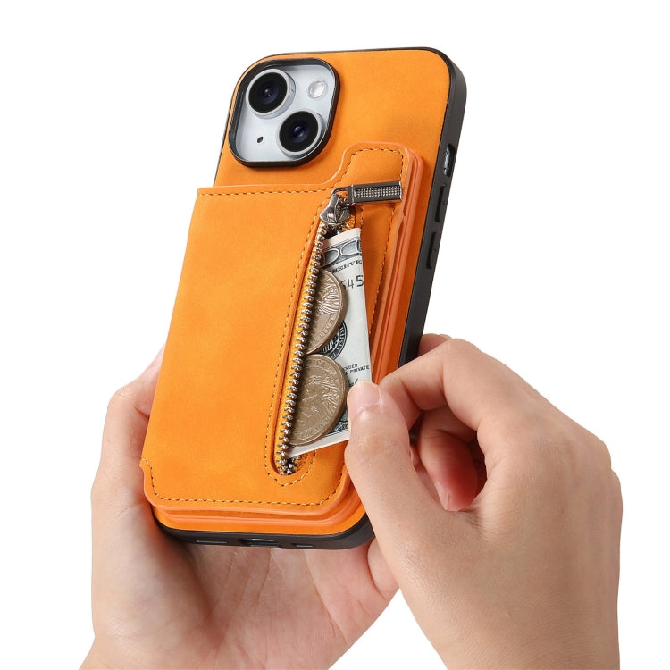 For iPhone 15 Plus Retro MagSafe Zipper Wallet Card Bag Back Phone Case(Yellow) - iPhone 15 Plus Cases by buy2fix | Online Shopping UK | buy2fix