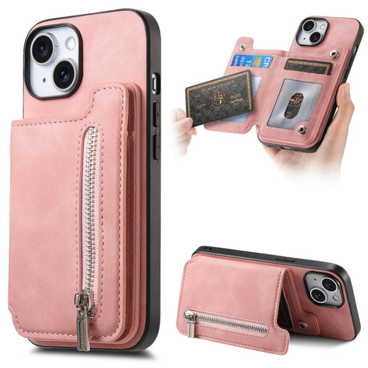 For iPhone 15 Plus Retro MagSafe Zipper Wallet Card Bag Back Phone Case(Pink) - iPhone 15 Plus Cases by buy2fix | Online Shopping UK | buy2fix