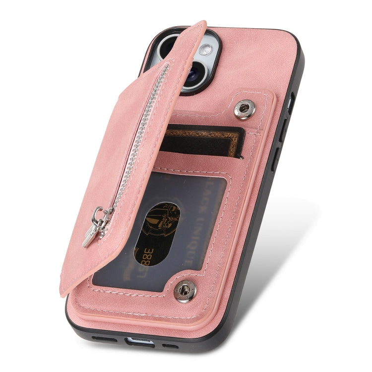 For iPhone 15 Plus Retro MagSafe Zipper Wallet Card Bag Back Phone Case(Pink) - iPhone 15 Plus Cases by buy2fix | Online Shopping UK | buy2fix