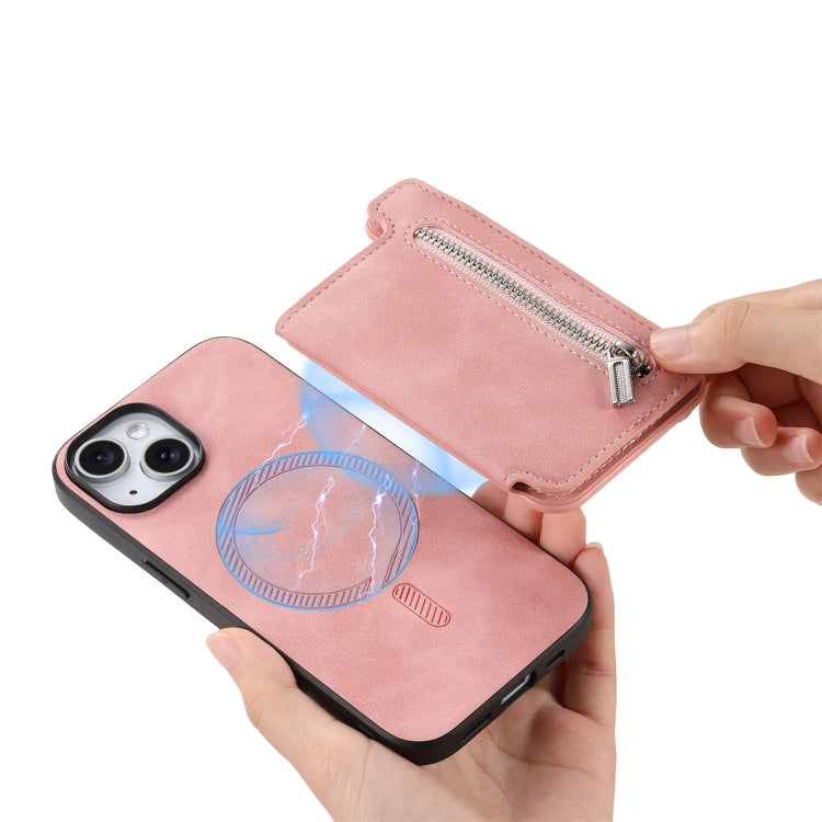 For iPhone 15 Plus Retro MagSafe Zipper Wallet Card Bag Back Phone Case(Pink) - iPhone 15 Plus Cases by buy2fix | Online Shopping UK | buy2fix