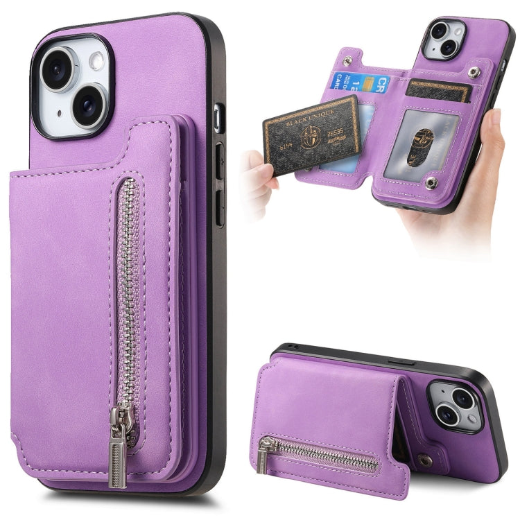 For iPhone 15 Plus Retro MagSafe Zipper Wallet Card Bag Back Phone Case(Purple) - iPhone 15 Plus Cases by buy2fix | Online Shopping UK | buy2fix