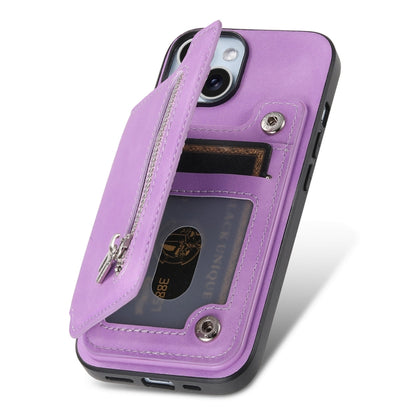 For iPhone 15 Plus Retro MagSafe Zipper Wallet Card Bag Back Phone Case(Purple) - iPhone 15 Plus Cases by buy2fix | Online Shopping UK | buy2fix