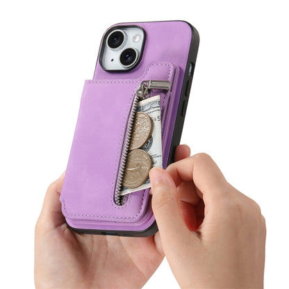 For iPhone 15 Plus Retro MagSafe Zipper Wallet Card Bag Back Phone Case(Purple) - iPhone 15 Plus Cases by buy2fix | Online Shopping UK | buy2fix