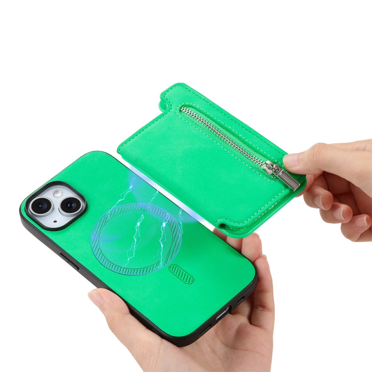 For iPhone 15 Plus Retro MagSafe Zipper Wallet Card Bag Back Phone Case(Green) - iPhone 15 Plus Cases by buy2fix | Online Shopping UK | buy2fix