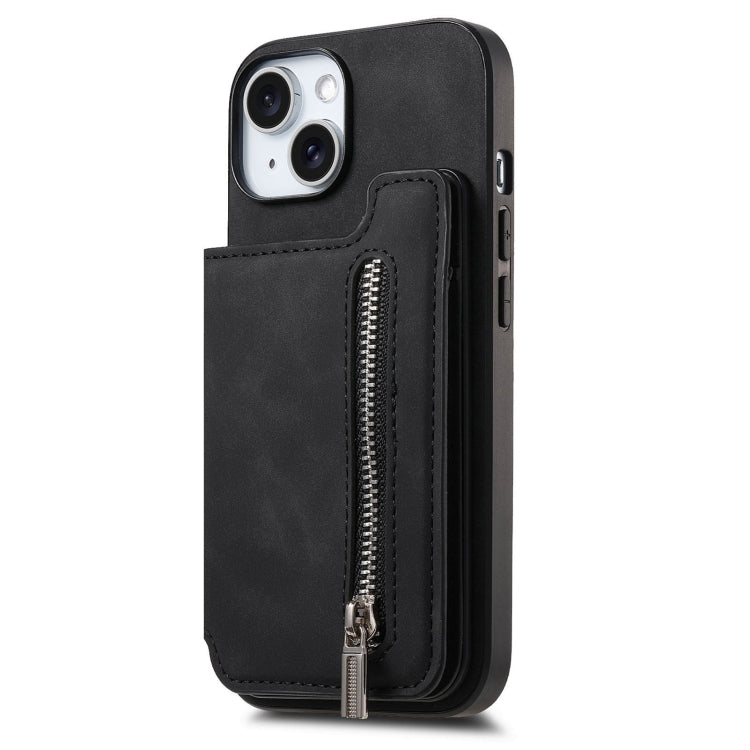 For iPhone 15 Plus Retro MagSafe Zipper Wallet Card Bag Back Phone Case(Black) - iPhone 15 Plus Cases by buy2fix | Online Shopping UK | buy2fix
