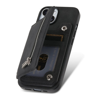 For iPhone 15 Plus Retro MagSafe Zipper Wallet Card Bag Back Phone Case(Black) - iPhone 15 Plus Cases by buy2fix | Online Shopping UK | buy2fix