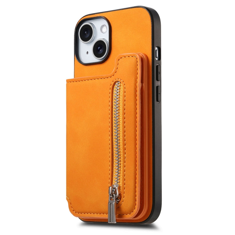 For iPhone 15 Retro MagSafe Zipper Wallet Card Bag Back Phone Case(Yellow) - iPhone 15 Cases by buy2fix | Online Shopping UK | buy2fix