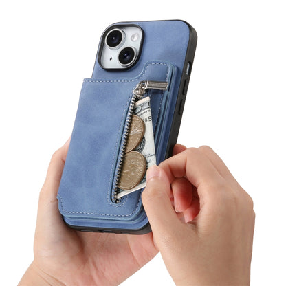 For iPhone 15 Retro MagSafe Zipper Wallet Card Bag Back Phone Case(Blue) - iPhone 15 Cases by buy2fix | Online Shopping UK | buy2fix