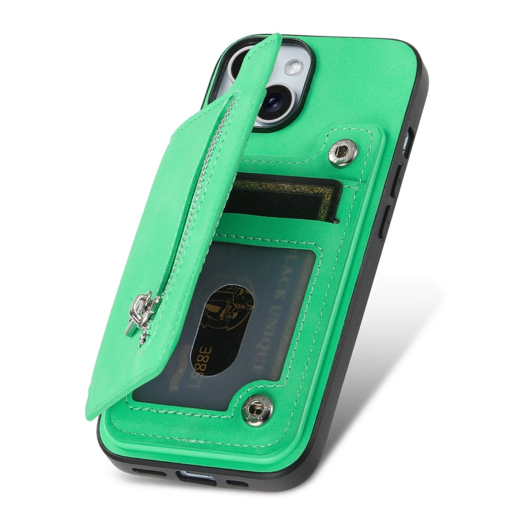 For iPhone 15 Retro MagSafe Zipper Wallet Card Bag Back Phone Case(Green) - iPhone 15 Cases by buy2fix | Online Shopping UK | buy2fix