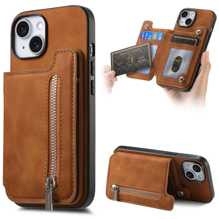 For iPhone 15 Retro MagSafe Zipper Wallet Card Bag Back Phone Case(Brown) - iPhone 15 Cases by buy2fix | Online Shopping UK | buy2fix