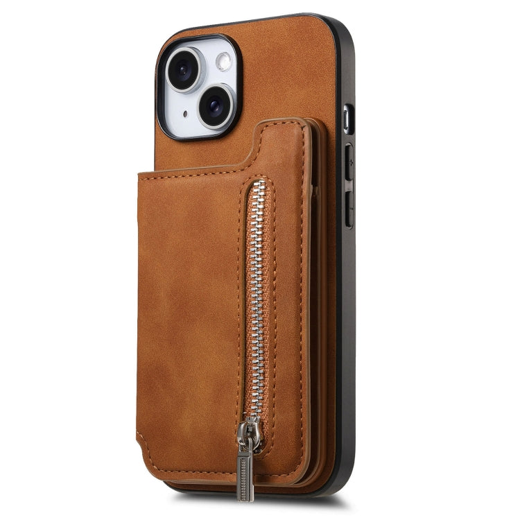 For iPhone 15 Retro MagSafe Zipper Wallet Card Bag Back Phone Case(Brown) - iPhone 15 Cases by buy2fix | Online Shopping UK | buy2fix
