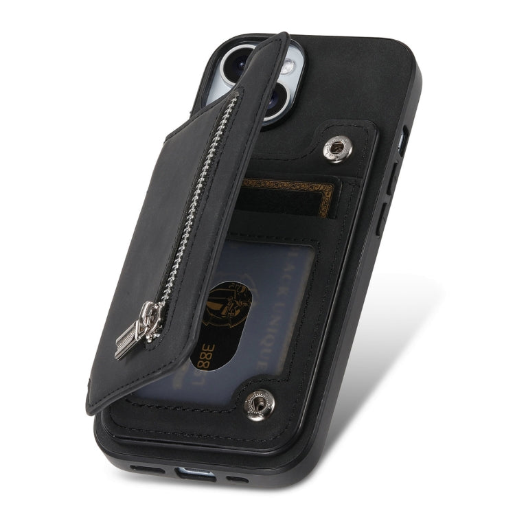 For iPhone 15 Retro MagSafe Zipper Wallet Card Bag Back Phone Case(Black) - iPhone 15 Cases by buy2fix | Online Shopping UK | buy2fix