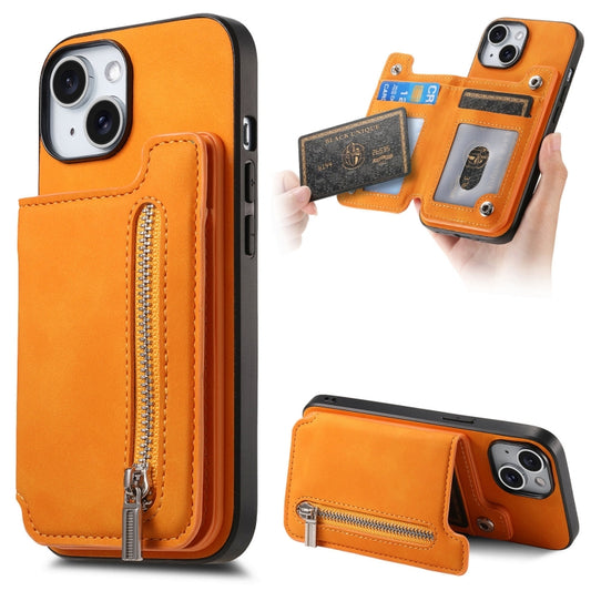 For iPhone 14 Plus Retro MagSafe Zipper Wallet Card Bag Back Phone Case(Yellow) - iPhone 14 Plus Cases by buy2fix | Online Shopping UK | buy2fix