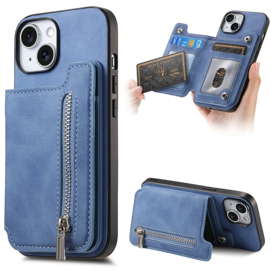 For iPhone 14 Plus Retro MagSafe Zipper Wallet Card Bag Back Phone Case(Blue) - iPhone 14 Plus Cases by buy2fix | Online Shopping UK | buy2fix