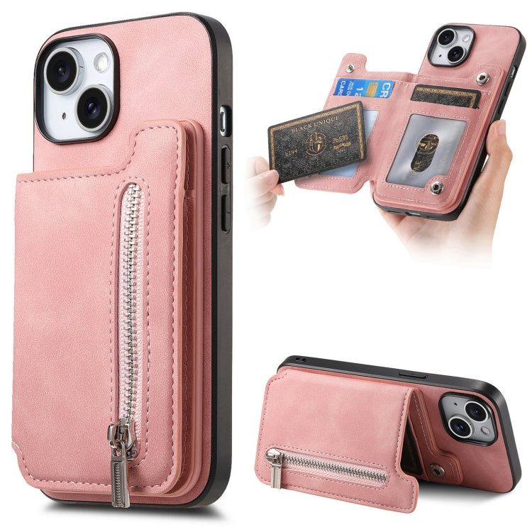 For iPhone 14 Plus Retro MagSafe Zipper Wallet Card Bag Back Phone Case(Pink) - iPhone 14 Plus Cases by buy2fix | Online Shopping UK | buy2fix