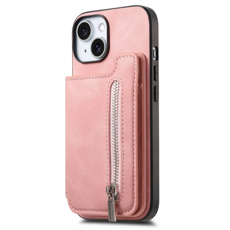 For iPhone 14 Plus Retro MagSafe Zipper Wallet Card Bag Back Phone Case(Pink) - iPhone 14 Plus Cases by buy2fix | Online Shopping UK | buy2fix