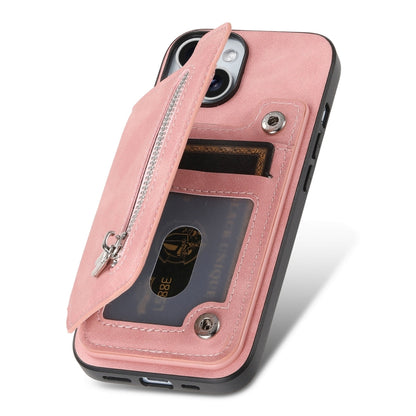 For iPhone 14 Plus Retro MagSafe Zipper Wallet Card Bag Back Phone Case(Pink) - iPhone 14 Plus Cases by buy2fix | Online Shopping UK | buy2fix