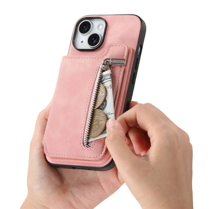 For iPhone 14 Plus Retro MagSafe Zipper Wallet Card Bag Back Phone Case(Pink) - iPhone 14 Plus Cases by buy2fix | Online Shopping UK | buy2fix