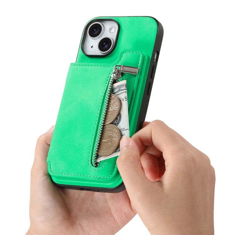 For iPhone 14 Plus Retro MagSafe Zipper Wallet Card Bag Back Phone Case(Green) - iPhone 14 Plus Cases by buy2fix | Online Shopping UK | buy2fix