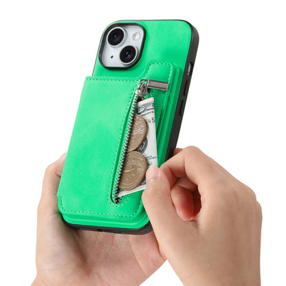For iPhone 14 Plus Retro MagSafe Zipper Wallet Card Bag Back Phone Case(Green) - iPhone 14 Plus Cases by buy2fix | Online Shopping UK | buy2fix