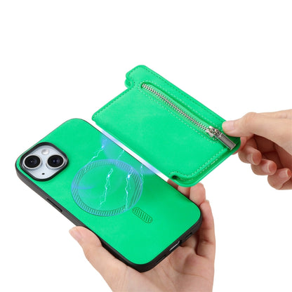 For iPhone 14 Plus Retro MagSafe Zipper Wallet Card Bag Back Phone Case(Green) - iPhone 14 Plus Cases by buy2fix | Online Shopping UK | buy2fix