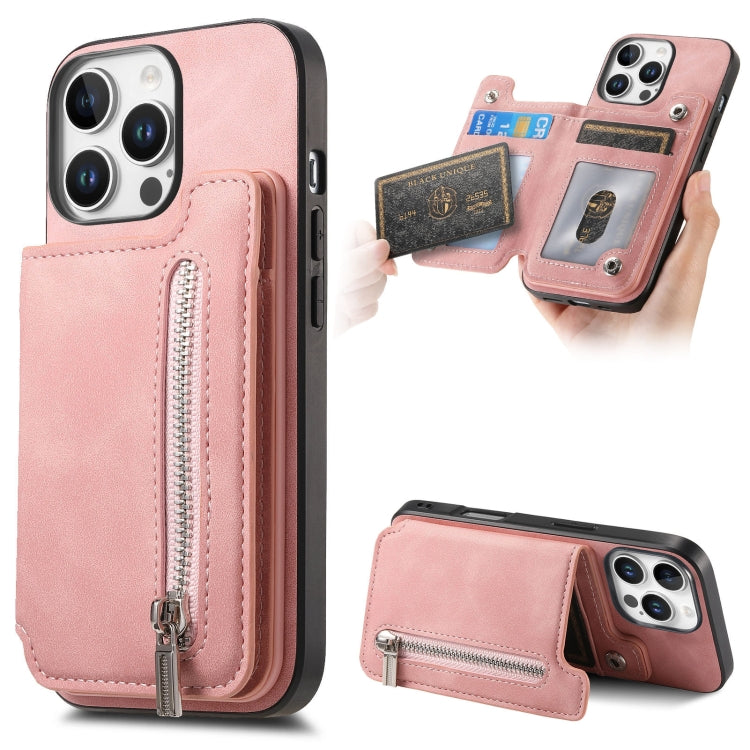 For iPhone 14 Pro Retro MagSafe Zipper Wallet Card Bag Back Phone Case(Pink) - iPhone 14 Pro Cases by buy2fix | Online Shopping UK | buy2fix