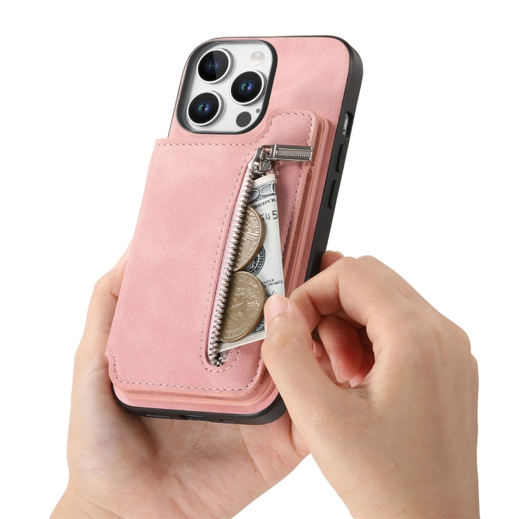 For iPhone 14 Pro Retro MagSafe Zipper Wallet Card Bag Back Phone Case(Pink) - iPhone 14 Pro Cases by buy2fix | Online Shopping UK | buy2fix