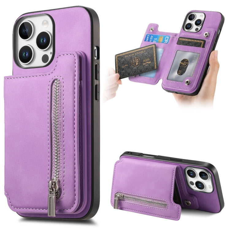 For iPhone 14 Pro Retro MagSafe Zipper Wallet Card Bag Back Phone Case(Purple) - iPhone 14 Pro Cases by buy2fix | Online Shopping UK | buy2fix