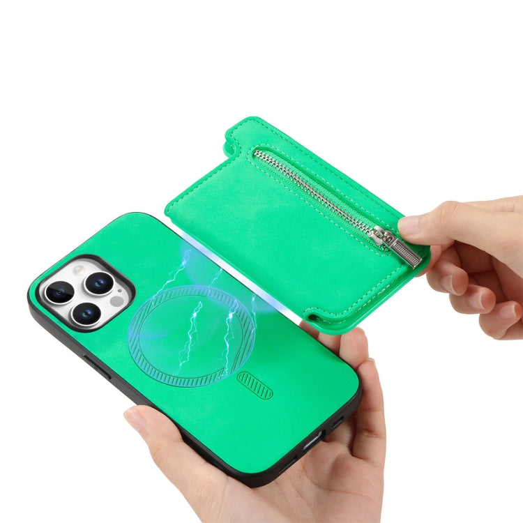 For iPhone 14 Pro Retro MagSafe Zipper Wallet Card Bag Back Phone Case(Green) - iPhone 14 Pro Cases by buy2fix | Online Shopping UK | buy2fix