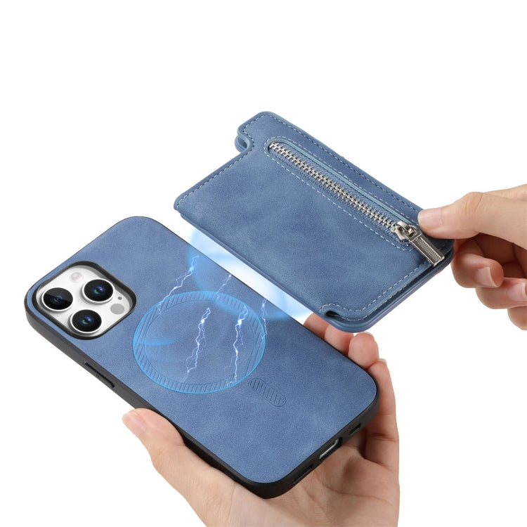 For iPhone 14 Pro Max Retro MagSafe Zipper Wallet Card Bag Back Phone Case(Blue) - iPhone 14 Pro Max Cases by buy2fix | Online Shopping UK | buy2fix