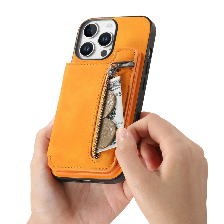 For iPhone 13 Pro Retro MagSafe Zipper Wallet Card Bag Back Phone Case(Yellow) - iPhone 13 Pro Cases by buy2fix | Online Shopping UK | buy2fix