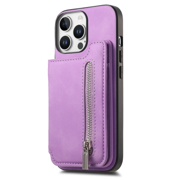 For iPhone 13 Pro Retro MagSafe Zipper Wallet Card Bag Back Phone Case(Purple) - iPhone 13 Pro Cases by buy2fix | Online Shopping UK | buy2fix