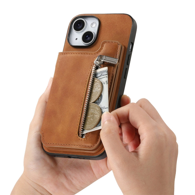 For iPhone 13 Retro MagSafe Zipper Wallet Card Bag Back Phone Case(Brown) - iPhone 13 Pro Cases by buy2fix | Online Shopping UK | buy2fix