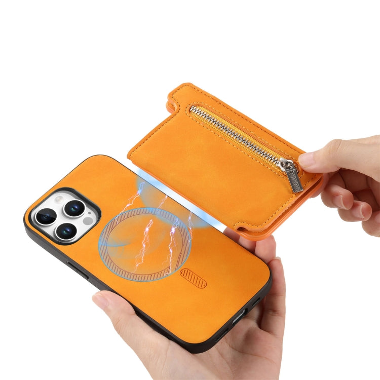 For iPhone 12 Pro Max Retro MagSafe Zipper Wallet Card Bag Back Phone Case(Yellow) - iPhone 12 Pro Max Cases by buy2fix | Online Shopping UK | buy2fix