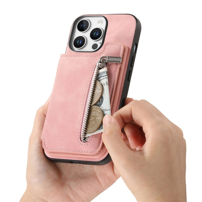 For iPhone 12 Pro Max Retro MagSafe Zipper Wallet Card Bag Back Phone Case(Pink) - iPhone 12 Pro Max Cases by buy2fix | Online Shopping UK | buy2fix